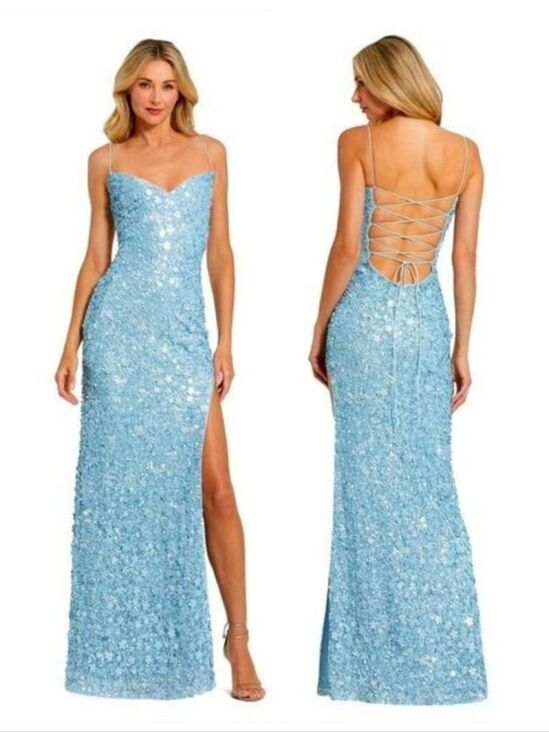 Mac Duggal Dresses & Skirts - Mac Duggal Light Blue Floral Sequin Lace-Up Back Spaghetti Strap Gown Medium